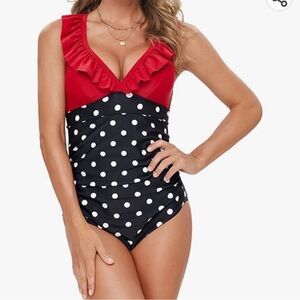 Women’s One Piece Swimwear Bathing Suit Red Polk a dot + cover NWOT Size XXL